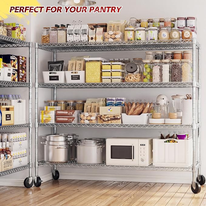 75.6" H Storage Shelves 2500LBS Garage Shelving Unit with Wheels Metal Shelving Heavy Duty Wire Shelves for Storage Rack Adjustable Pantry Shelf Commercial Shelving for Kitchen Garage,55.5''W X 24" D