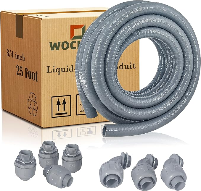 Liquid-Tight Conduit - 3/4inch 25 Foot Flexible Non Metallic Liquid Tight Electrical Conduit Kit, With 4 Straight and 3 90-Degree Conduit Connector Fittings.3/4" Dia