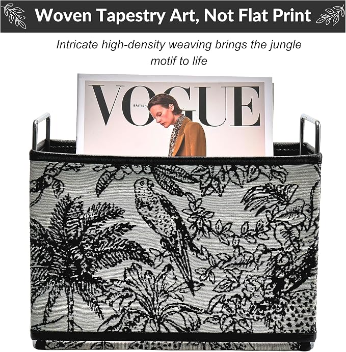Leather Magazine Holder Rack Floor Basket for Bathroom & Living Room | No-assembly sturdy organizer in textured tapestry jacquard & leather. Randomly cut jungle pattern (no two are alike).