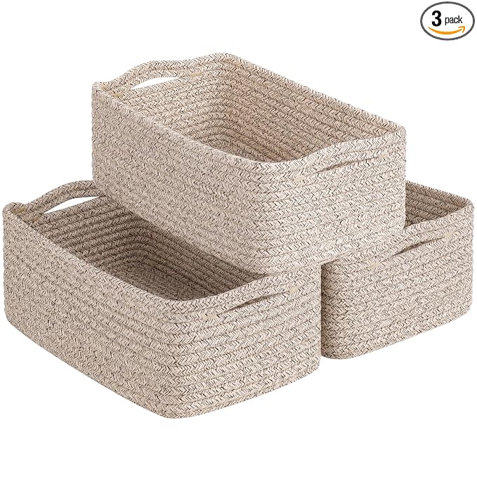 Goodpick Baskets for Organizing, Storage Basket for Shelves, Baskets for Gifts, Woven Bakset 3 Pack for Living Room, 11 x 7 x 4.5 in, White & Brown