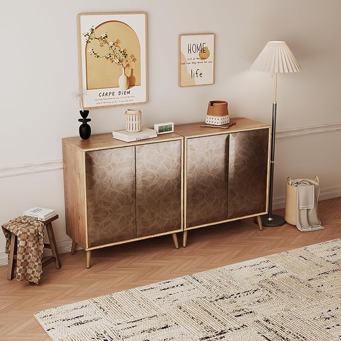 Sideboard Buffet Cabinet with Raised Shaped & Geometric Line Texture Door Panel, Accent Storage Cabinet for Living Room (Cabinet Body- Oak, 2 Door-15 D x 30.8" W x 34.5" H)