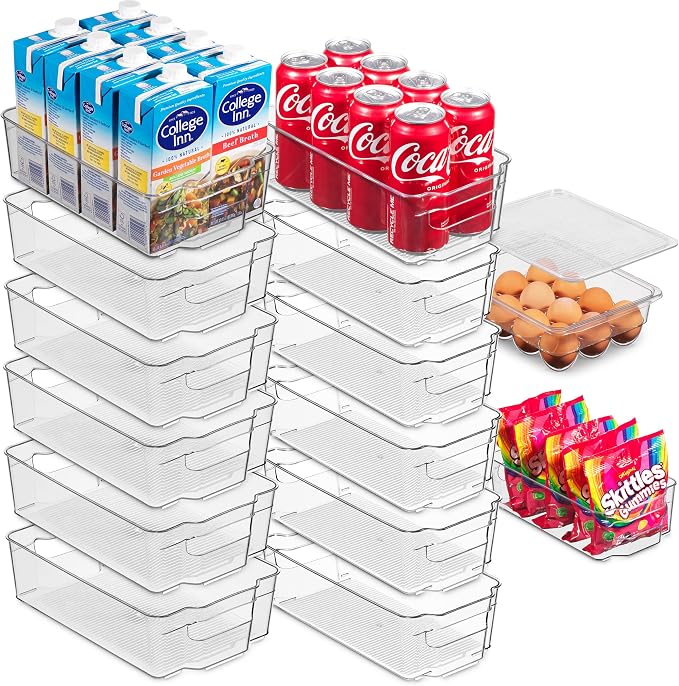Oizeir Refrigerator Organizer Bins - Clear Plastic, Stackable, Narrow and Wide Bin Sizes, Egg Tray with Lid. Great Storage for Fridge, Cabinets, Countertops and Pantry. (Set of 12)