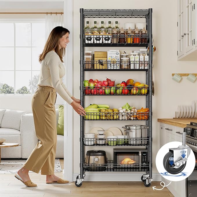 DurayLoly 7-Tier Wire Shelving Unit with Basket Shelf & Locking Wheels, Storage Shelves with Hooks for Space-Saving Kitchen Pantry Bathroom Closet Organizer, 72" H x 30" W x 14" D, Black