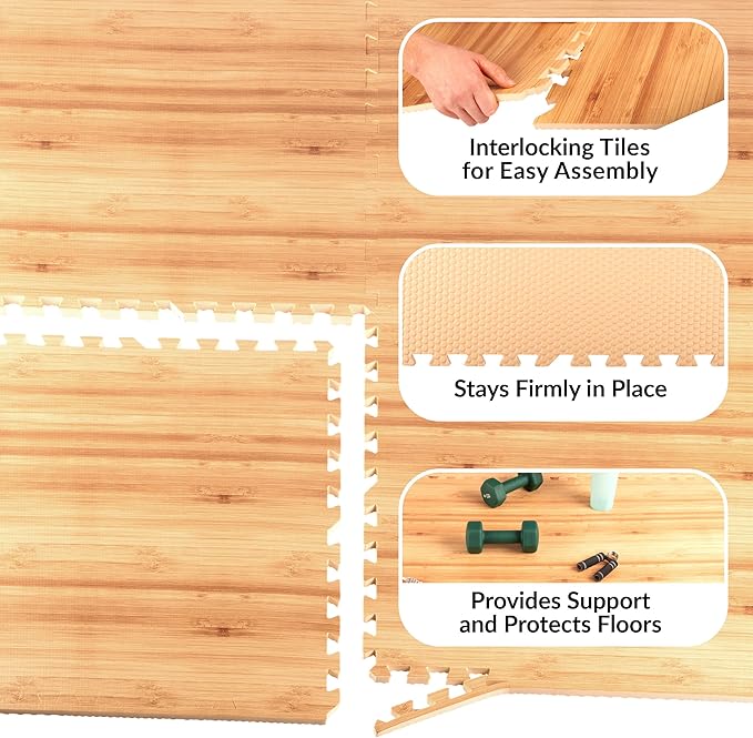 EVA Foam Floor Tiles 6-Pack - 24 SQFT Puzzle Mats for Floor - Interlocking Foam Tiles for Family Room or Gym Flooring by Stalwart (Light Woodgrain)