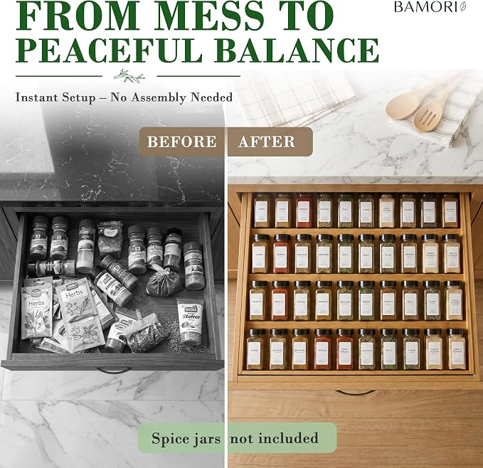 Bamboo Spice Drawer Organizer – Expandable Spice Rack for Drawer – 4 Tiered Premium Bamboo Kitchen Seasoning Organizer for Drawer Spice Organizer, Seasoning rack insert for Cabinet