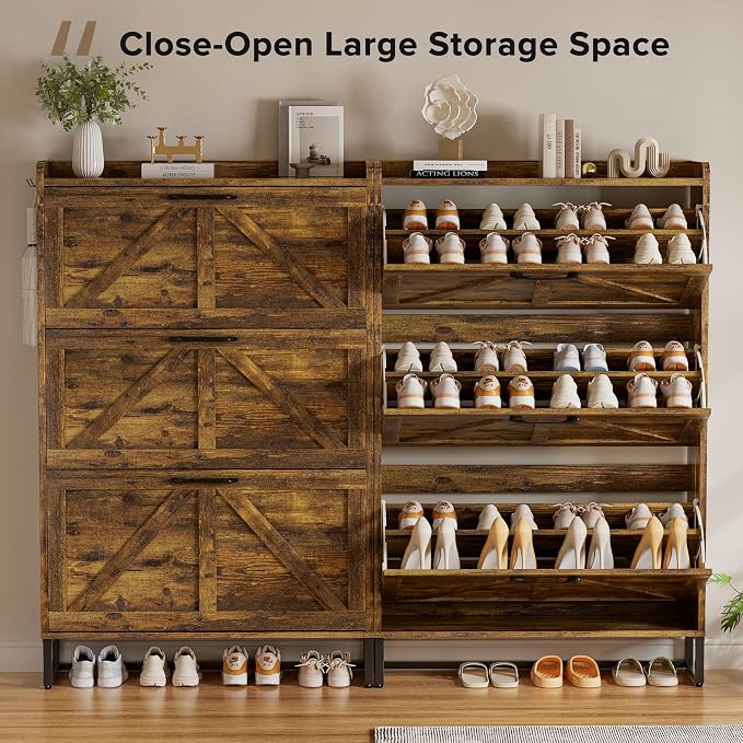 EOYUTLLY Shoe Cabinet Storage for Entryway, Narrow Shoe Rack with 3 Flip Drawers, Freestanding Hidden Shoe Rack Storage Organizer, Slim Shoe Cabinet Rustic Brown with Metal Legs