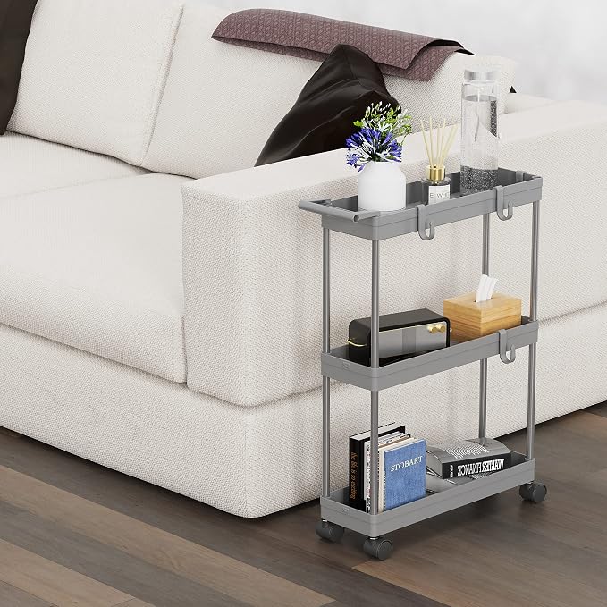 Simple Houseware 3-Tier Slim Rolling Cart w/Handle 5.5" Wx27.5 H, Gray | Storage Cart for Narrow Space (5.5-Inch Wide) Kitchen, Bathroom, Laundry Room