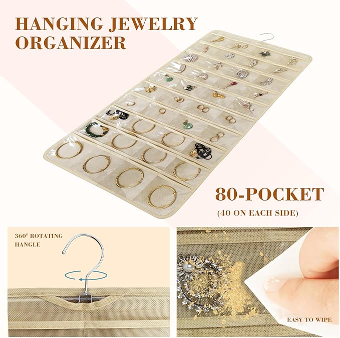 80 Pocket Hanging Jewelry Organizer with Hanger Metal Hooks Storage On Wall Door Closet Double-Sided(Each Side 40 Pockets) Jewelry Holder for Earrings, Necklaces, Rings (Beige)