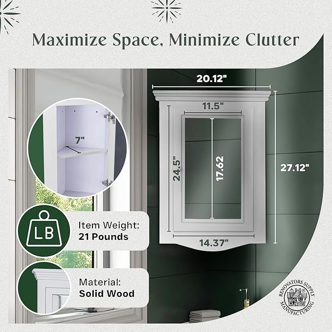 Renovators Supply Manufacturing White Corner Wall Mount Medicine Cabinet with Mirror Wooden Bathroom Storage 27 X 20 Inches Double Shelf Storage Cabinet Pre-Assembled with Hardware