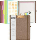 Ospelelf Brown Foldable Spiral Clipboard Folio with Storage Zipper Pouch, 5 Plastic Folders with 10 Pockets, Refillable Lined Notepad (11" x 8.5"), Linen Hardcover Project Organizer
