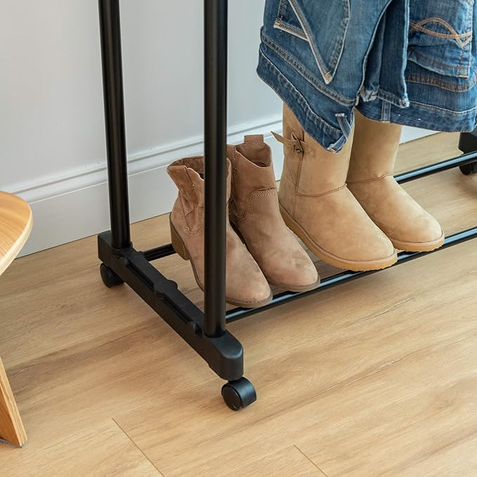 IRIS USA Double Rod Rolling Clothes Rack, Height Adjustable, Black | Adjustable hanging space for garments, accessories, and storage needs with smooth mobility