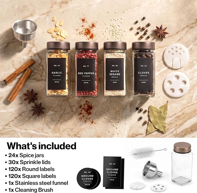 EDELHAUS Glass Spice Jars with Label, 24x Champagne Bronze Steel Lids | Airtight Lids keep spices fresh, Kitchen Spice Drawer Organizer, 4oz Seasoning Containers incl. Funnel, Brush & 240 Labels