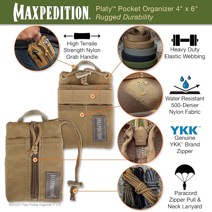 MAXPEDITION Platy Pocket Organizer, Durable EDC Tool Pouch for Men, Neck Wallet with Paracord Lanyard, Holds Flashlight, Multitool, Pen, Notebook