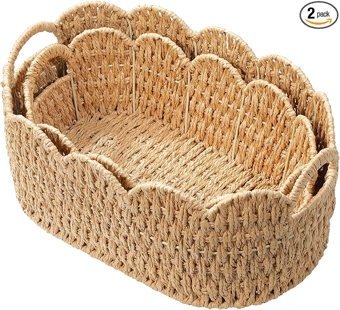Coeusy Paper Rope Scalloped Basket Set of 2, Wicker Storage Baskets for Shelves,Gifts,Books,Toys,Cute Decor Rattan Baskets for Organizing,Natural Color