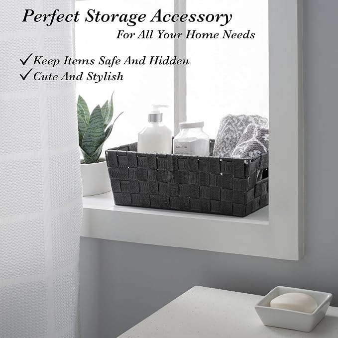 Simplify Extra Long Shelf Woven Strap Tote | Decorative Storage Basket | Built in Handles | Organization | Closet | Bedroom | Bathroom | Nursery | Accessories | Toys | Gifts | 1 Pack | Grey