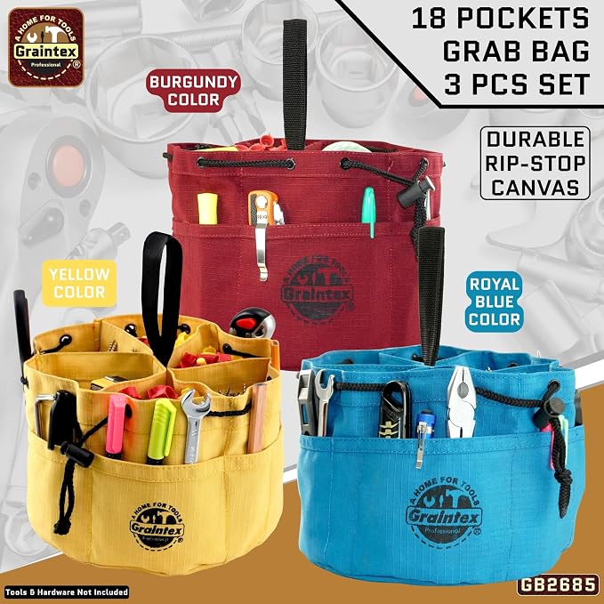 Graintex 18 Pocket Grab Bags Set of 3 Pcs Rip-stop Canvas, Drawstring Closure, Small Parts Organizer Bag, Small Tools, Screws, Parts, Parachute Tool Bag, Parachute Tool Organizer for Essential Items