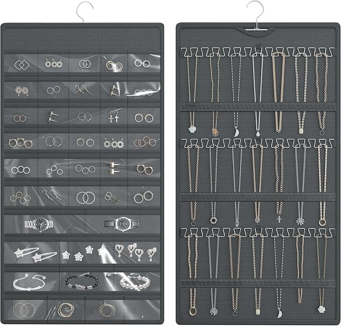 Hanging Jewelry Organizer, Double-Sided Necklaces Holder, Dark Gray | 42 clear pockets organize rings & earrings; 36 wire necklace hooks reduce tangles; top hook hangs in closets, walls or doors.
