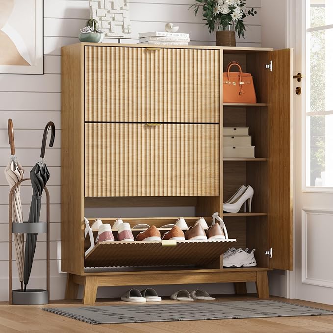 Shoe Cabinet Storage for Entryway with 3 Flip Drawers & Side Cabinet, Fluted Narrow Shoe Organizer with Wooden Leg, Freestanding Shoe Storage Hidden Shoe Rack Organizer for Front Door Entrance, Oak