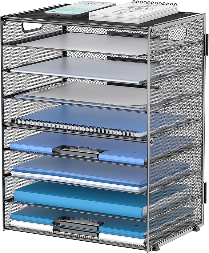 DALTACK 9-Tier Paper Organizer for Desk, Mesh Letter Tray Desk Organizer with Handles, Space-Saving File Organizer for Office Home School, Black
