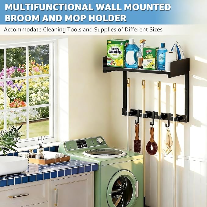 HUFAND Broom Holder Wall Mount, 15" Large Mop and Broom Organizer Wall Hanging with Top Storage Shelf, Heavy Duty Iron Utility Rack for Laundry Room, Garage, Kitchen, Garden - Black