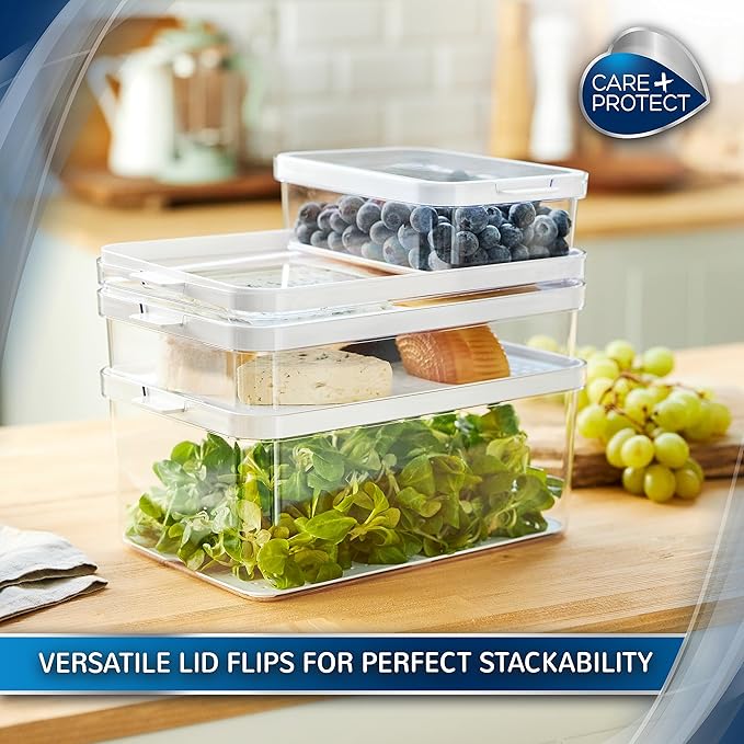 CARE + PROTECT Smart Food Container, Perfectly Stackable, Fridge Organiser, Protect Food From Moisture, Keep Food Fresh Longer 2.15L