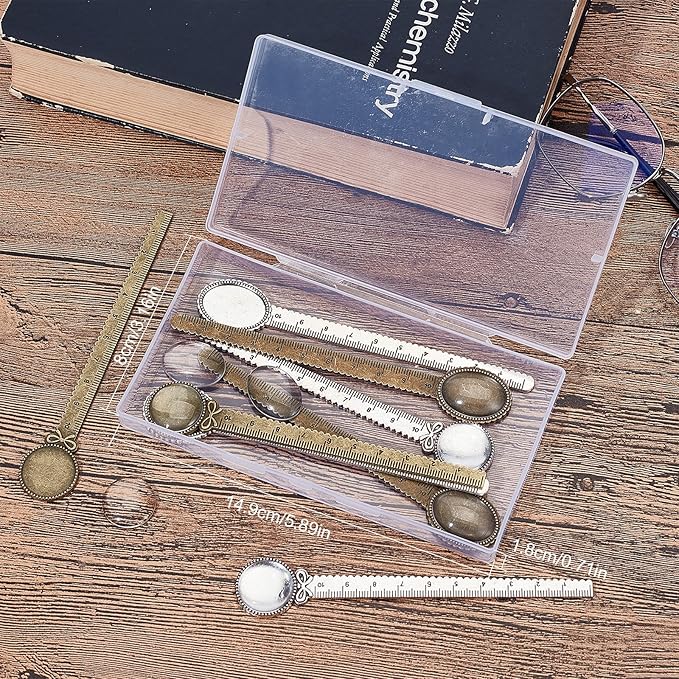 SUNNYCLUE 1 Box 16Pcs DIY 8 Sets Bookmarks Vintage Style Bookmark Making Kit Ruler Metal Book Mark Trays Glass Clear Dome Cabochon Oval Round Blank Flower Pattern Tray for DIY Craft Handmade Gift