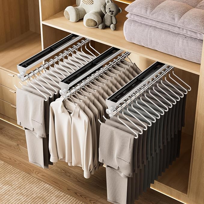 2 Pack Pull Out Closet Rod, 15.7inch Heavy Duty Pants Rack, Adjustable Clothes Hanger Rail, Space Aluminum Valet Rod, Top Mounted Wardrobe Clothes Organizer, Closet Storage for Trousers Coats White