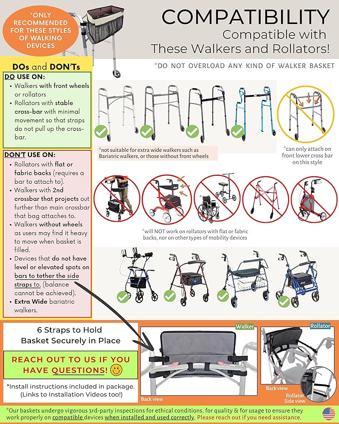 Walker Basket for Folding Walker with Flip-Down Walker Tray | Handy Cane/Reacher Strap & Cup Holder | Walker Bags for Folding Walker with Wheels, Organizer for Walker Accessories for Walker Caddy-SAND
