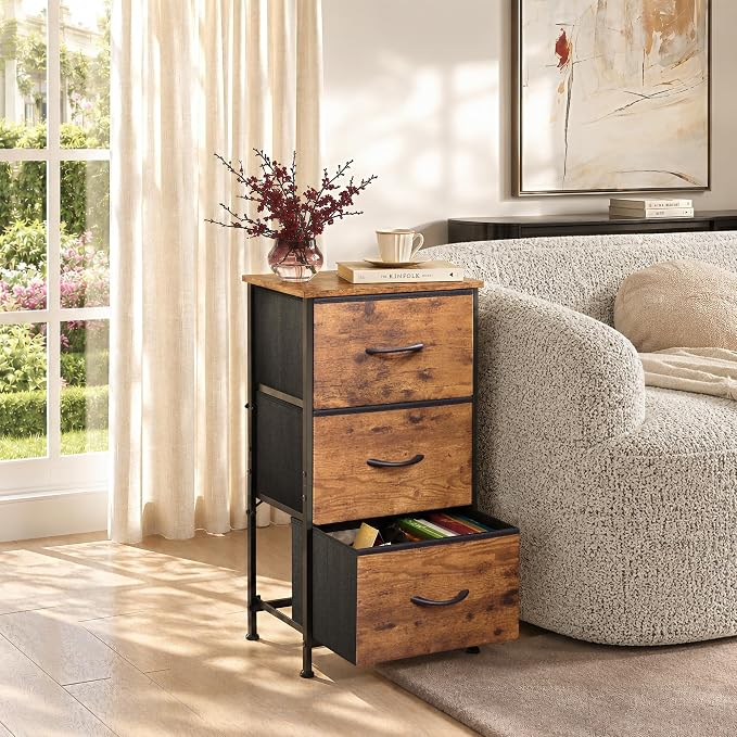 WLIVE Dresser with 3 Drawers, Fabric Nightstand, Organizer Storage Dresser for Bedroom, Hallway, Entryway, Closets, Sturdy Steel Frame, Wood Top, Easy Pull Handle, Rustic Brown Wood Grain Print