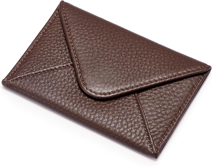 HISCOW Italian Pebbled Leather Business Card Holder, Minimalist Full Grain Envelope Card Case with Hidden Magnetic Closure, 0.19 Inch Slim Front Pocket Wallet for Men and Women, Chocolate
