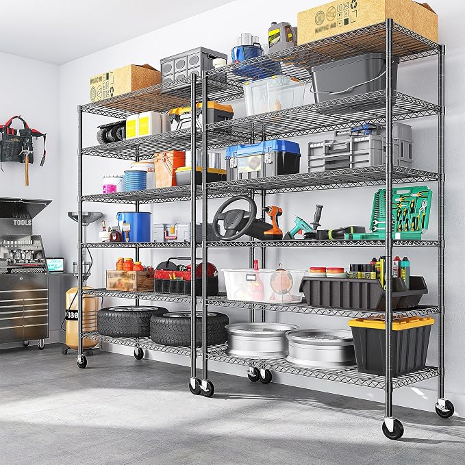 Romorgniz 6-Tier Rolling Storage Shelves, 82" H x 45" W x 18" D Adjustable Wire Shelving Unit with Locking Wheels, Heavy-Duty Metal Rack for Garage, Pantry, Kitchen, Basement – Black