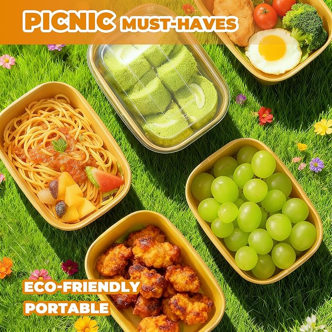 Kaderron 50 Pack 23 OZ Large Paper Bowls with Lids with Spoons and Forks, Heavy Duty Disposable Meal Prep Containers for Party, Soak-Proof and Microwave Safe for Hot/Cold Use