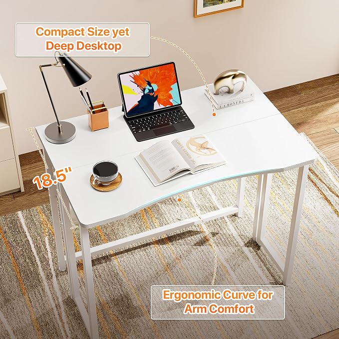 Huuger Folding Desk with Storage Shelf, 31.5 Inch Foldable Computer Table for Small Spaces, Space Saving Sofa Table for Couch, Writing Work Office Computer Desk, Easy to Fold, White