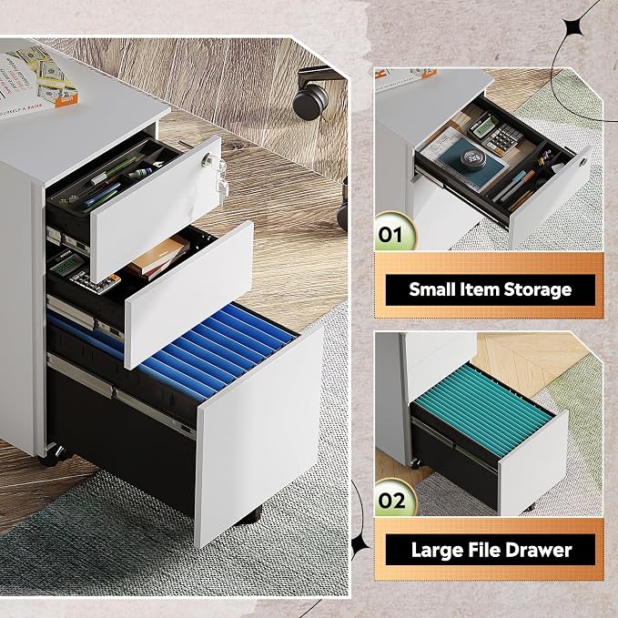 DEVAISE 3 Drawer Mobile File Cabinet with Lock, Under Desk Metal Filing Cabinet for Home Office Fit Legal/Letter/A4 File, Fully Assembled - White