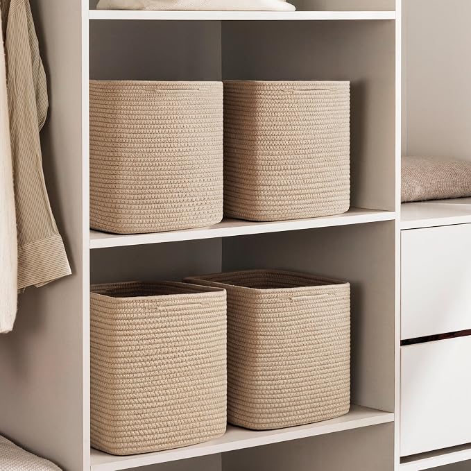 joybest 13inch Cube Storage Bins, Cotton Rope Woven Organizer Basket | Set of 4 Cube Bin Square Shelves Organizer Closet Storage, Nursery, Toy Organization, Brown
