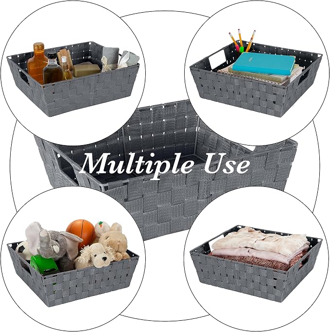 Simplify Large Shelf Woven Strap Tote | Decorative Storage Basket | Built in Handles | Organization | Closet | Bedroom | Bathroom | Nursery | Accessories | Toys | Gifts | 2 Pack | Grey
