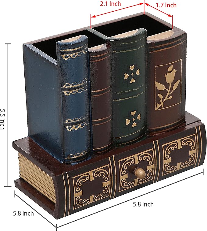 MyGift Decorative Desk Organizer Pen and Pencil Holder with Storage Drawer | Antique Library Book Design stationery storage writing tools caddy drawer compartment classroom workspace accessory supplies