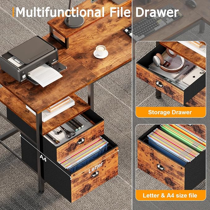 Furologee 66” L Shaped Desk with Power Outlet, Reversible Home Office Desk with File Drawer, 2 Monitor Stands, Storage Shelves, Corner Computer Table for Gaming, Writing, Rustic Brown