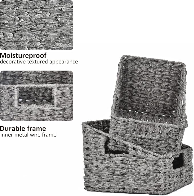 GRANNY SAYS Wicker Basket with Handles, Odorless Woven Trapezoid Basket Waterproof for Organizing, Decorative Storage Wicker Baskets for Storage Photo Books, Gray, 2-Pack