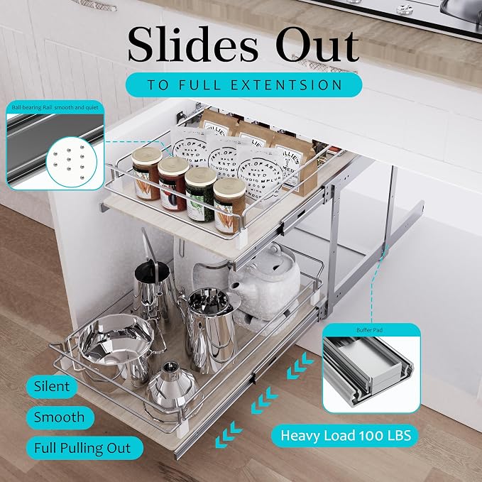 2 Tier Pull Out Cabinet Organizer 17.45" W X 22" D, Wood & Chromed | Full Slide Out Drawers For Kitchen Cabinets, Cabinets Capacity Heavy Duty Caddy, Cabinet Pullout Shelves , Pantry Storage