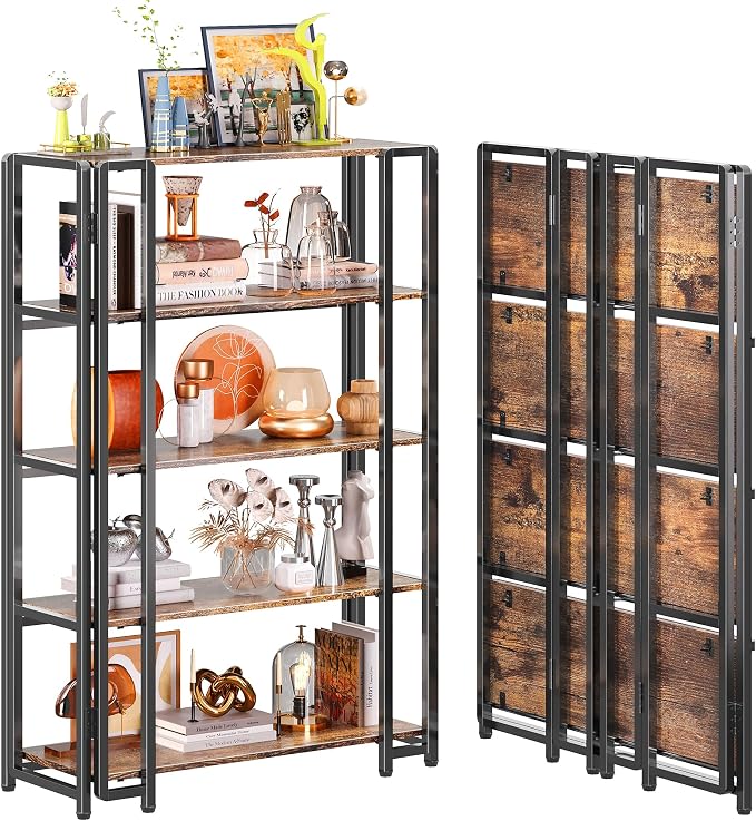 UDD 5 Tier Wide Folding Bookshelf No Tools Assembly, 45" H x 30.9" W, Foldable Book Shelf Vintage Collapsible Bookcase, Industrial Storage Shelves for Bedroom Office Living Room, Rustic Brown Black