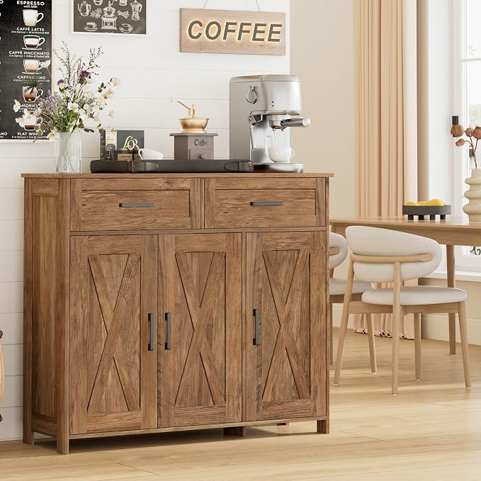Homhedy Sideboard Buffet Cabinet, Coffee Bar Storage Cabinet with Drawers and Doors, Farmhouse Kitchen Cabinet with Adjustable Shelves, for Kitchen, Dining Room, Living Room, Rustic Walnut