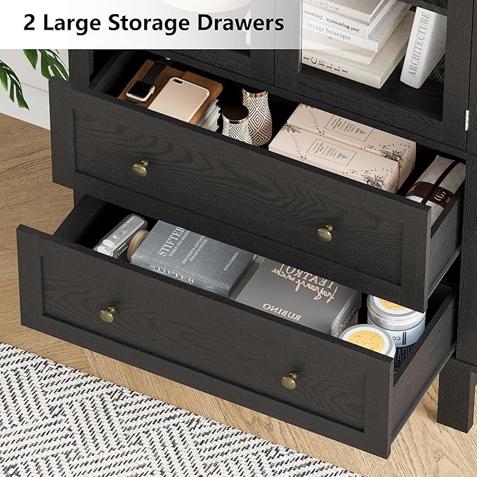 71" Tall Arched Bookshelf, 6-Tier Bookcase with Glass Doors & Adjustable Shelves, Wood Display Book Shelf with Drawers for Living Room, Dining Room, Black