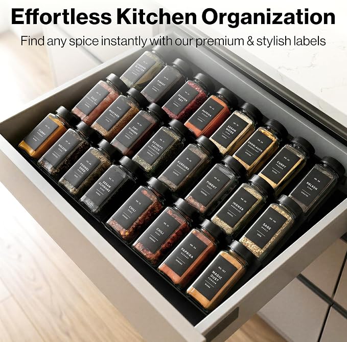 Minimalist Spice Jar Labels Self-Adhesive - 240 Stickers for Spice Jars, Spice Jars & Drawers, Round & Rectangular, Waterproof Spice Organiser Labels for Kitchen Organisation (Black)