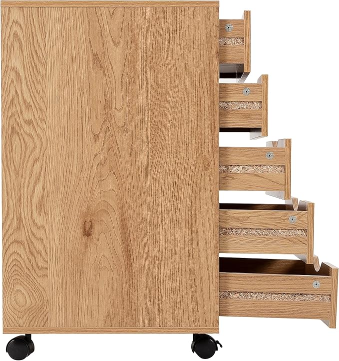 Naomi Home 5-Drawer Rolling Chest, Natural, Smart Storage with Metal Slide Glides & Smooth Wheels, Compact Space-Saver, Easy Assembly, Durable Engineered Wood