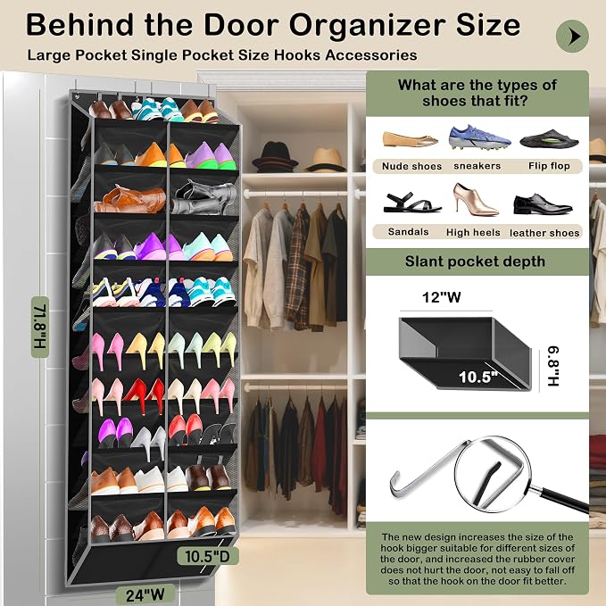 Kotkn 10-Tier Over the Door Shoe Organizer, 20 Pockets Holds 20-30 Pairs, Heavy-Duty Oxford Fabric with Hexagon Mesh for Boots & Sneakers-Black