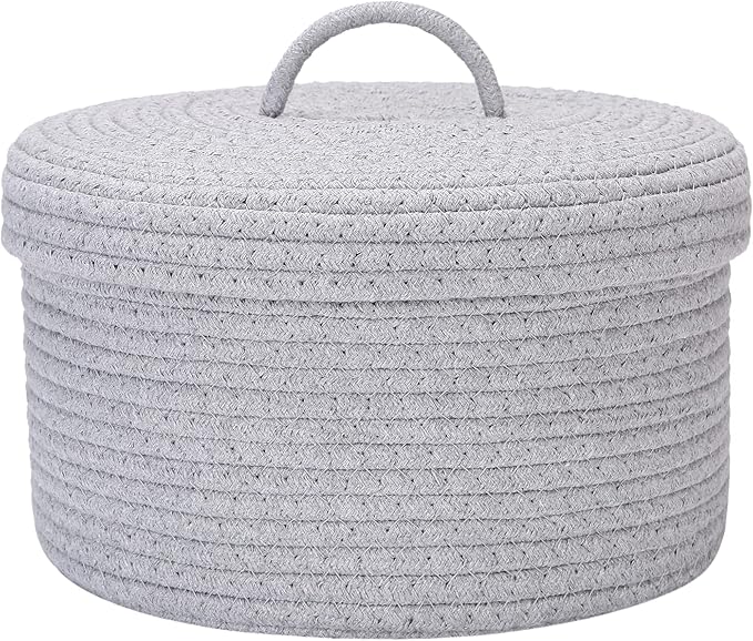 Sea Team Round Cotton Rope Storage Basket with Lid, Lidded Woven Storage Bin, Nursery Storage Container, Diaper Caddy, Baby Shower Basket, Box, Organizer, 11.8 x 11.8 x 6.7 Inches (Medium, Grey)