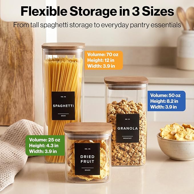 Glass Pantry Storage Jars Containers with Acacia Lids and Labels - Set of 5 | Extra Thick Square Glass Canisters with Acacia Wood Lids and 54 Pre-printed Pantry Labels keeps dry Goods Fresh and Organized