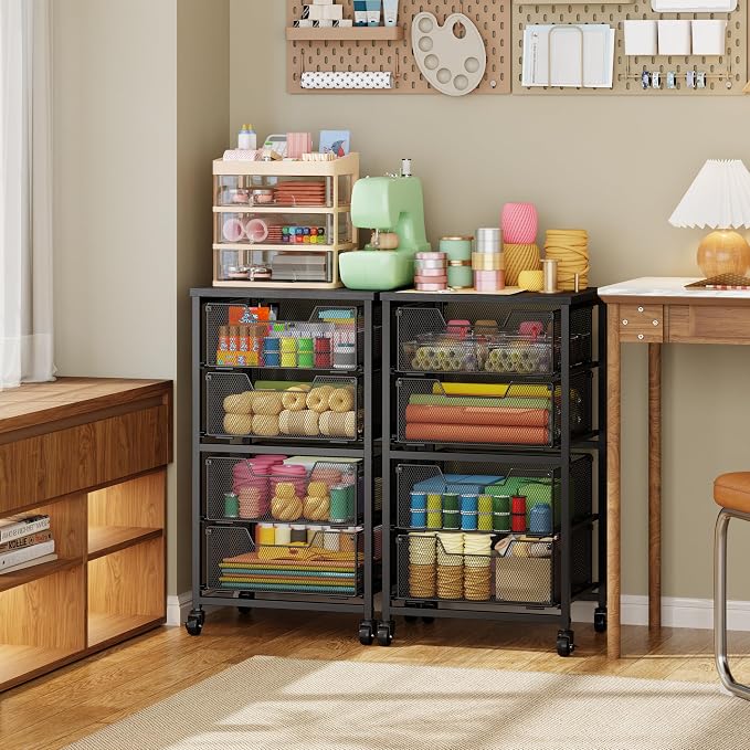 Rolling Cart with Drawers, Utility Storage Cart with Lockable Wheels, Metal snack cart, Under Desk Storage for Office, Kitchen, Craft, and Art Supplies, Black