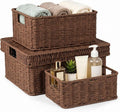 Wicker Storage Basket with Lid - Woven Basket for Storage,Rectangular Decorative Boxes Bins with Lids for Shelves,living room, Nursery, 3 baskets+1 lids(Dark Brown)